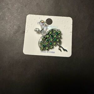 Mint Green and Silver Peacock Brooch with Emerald Crystals